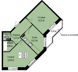 Двухкомнатная квартира 52.98 м²