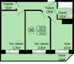 Двухкомнатная квартира 47.39 м²
