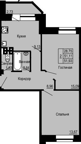 Двухкомнатная квартира 51.93 м²