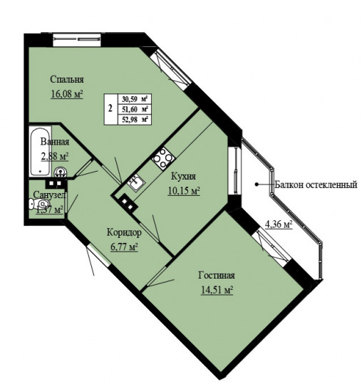 Двухкомнатная квартира 52.98 м²