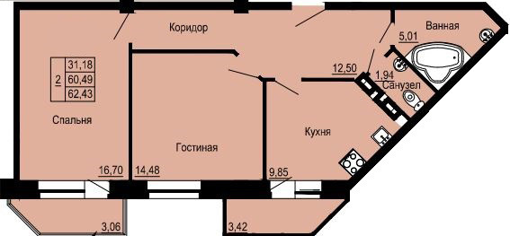 Двухкомнатная квартира 62.43 м²