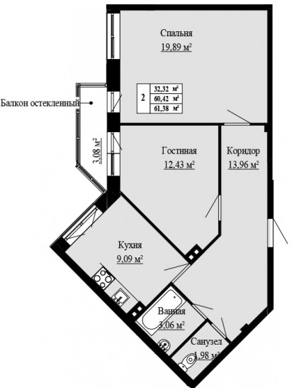 Двухкомнатная квартира 61.38 м²