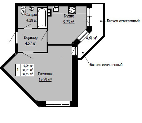 Однокомнатная квартира 39.25 м²
