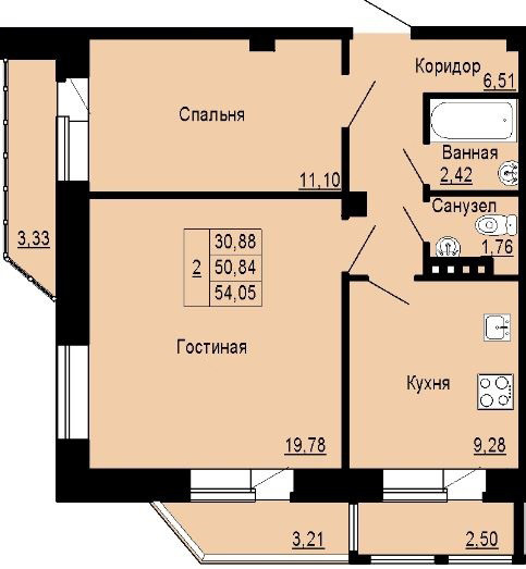 Двухкомнатная квартира 54.05 м²