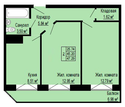 Двухкомнатная квартира 47.29 м²