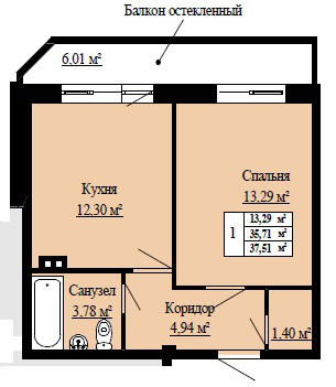 Однокомнатная квартира 37.51 м²