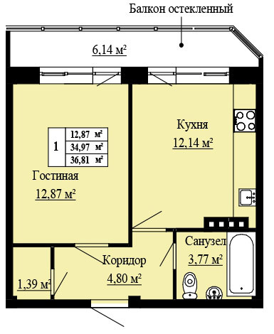 Однокомнатная квартира 36.81 м²