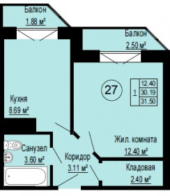 Однокомнатная квартира 31.57 м²