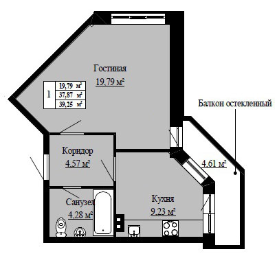 Однокомнатная квартира 39.25 м²