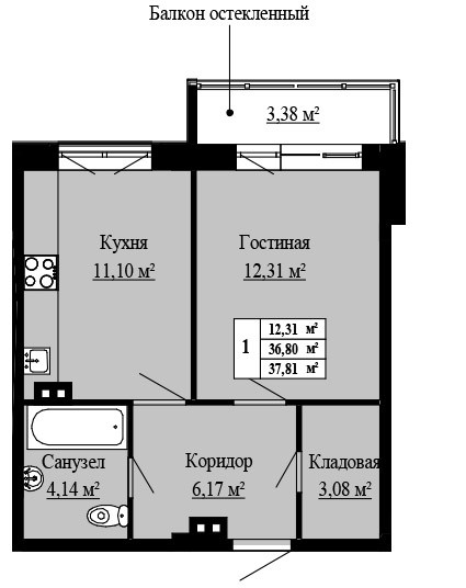 Однокомнатная квартира 37.81 м²