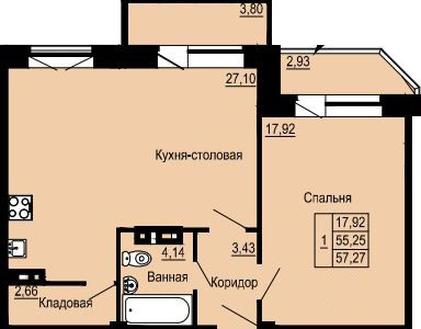 Однокомнатная квартира 57.27 м²
