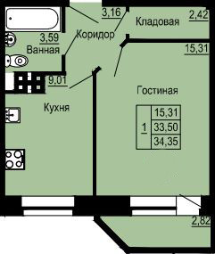 Однокомнатная квартира 34.35 м²