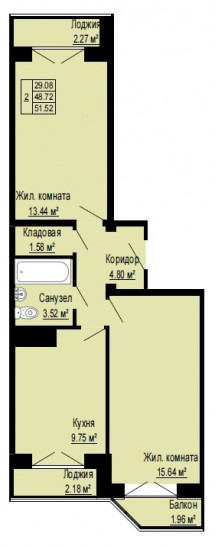 Двухкомнатная квартира 51.52 м²