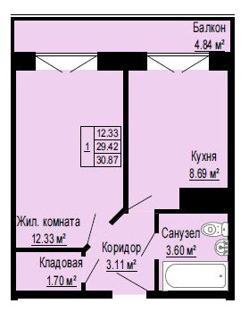 Однокомнатная квартира 30.87 м²