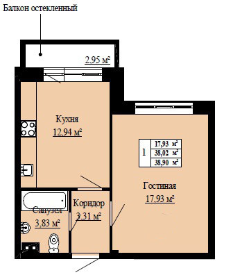 Однокомнатная квартира 38.9 м²