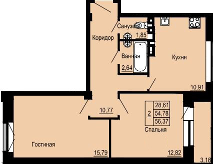 Двухкомнатная квартира 56.37 м²