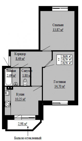 Двухкомнатная квартира 52.7 м²