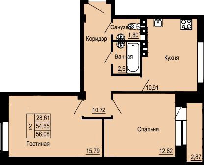 Двухкомнатная квартира 56.08 м²