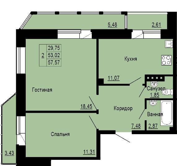 Двухкомнатная квартира 57.57 м²