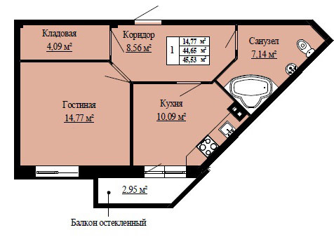 Однокомнатная квартира 45.53 м²