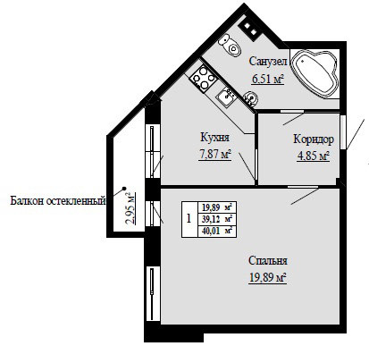 Однокомнатная квартира 40.01 м²