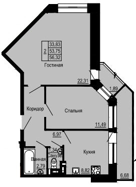 Двухкомнатная квартира 56.32 м²