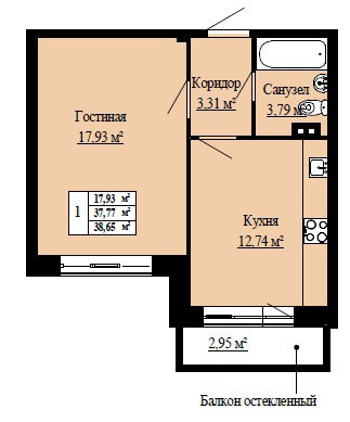 Однокомнатная квартира 38.65 м²