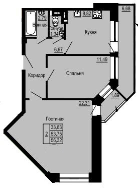 Двухкомнатная квартира 56.32 м²