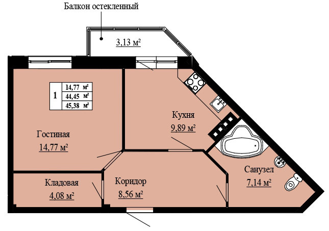 Однокомнатная квартира 45.38 м²