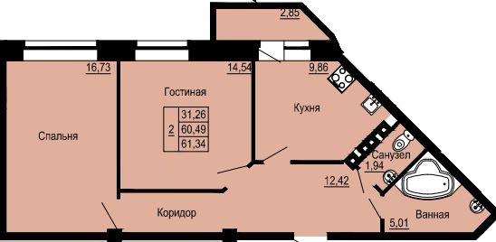 Двухкомнатная квартира 61.34 м²