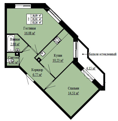 Двухкомнатная квартира 53.16 м²