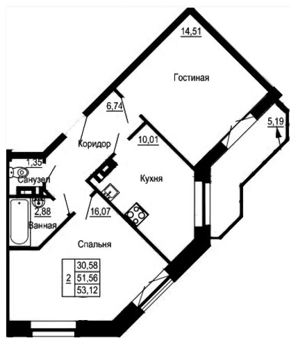 Двухкомнатная квартира 53.12 м²