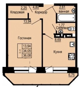 Однокомнатная квартира 36.08 м²