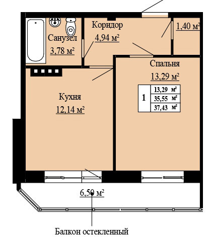 Однокомнатная квартира 37.43 м²