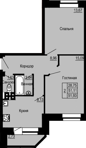Двухкомнатная квартира 51.93 м²