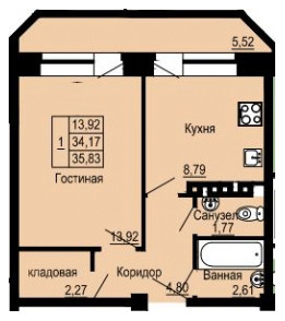 Однокомнатная квартира 35.83 м²