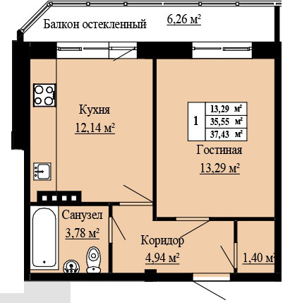 Однокомнатная квартира 37.43 м²