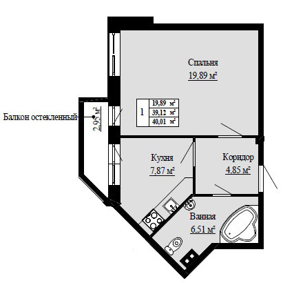 Однокомнатная квартира 40.01 м²