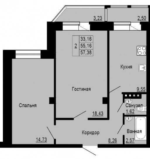 Двухкомнатная квартира 57.38 м²