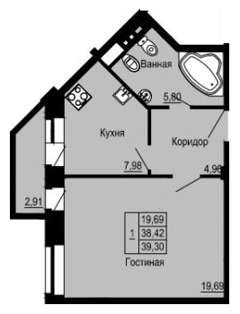 Однокомнатная квартира 39.3 м²