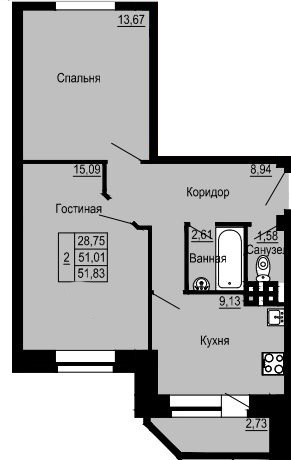 Двухкомнатная квартира 51.83 м²