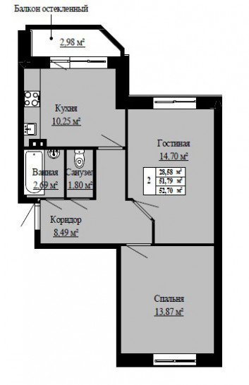 Двухкомнатная квартира 52.7 м²