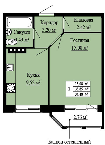 Однокомнатная квартира 34.48 м²