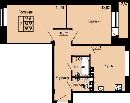 Двухкомнатная квартира 56.08 м²