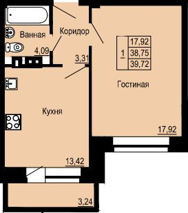 Однокомнатная квартира 39.72 м²