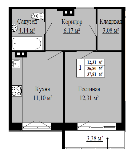 Однокомнатная квартира 37.81 м²