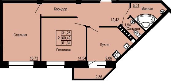 Двухкомнатная квартира 61.34 м²
