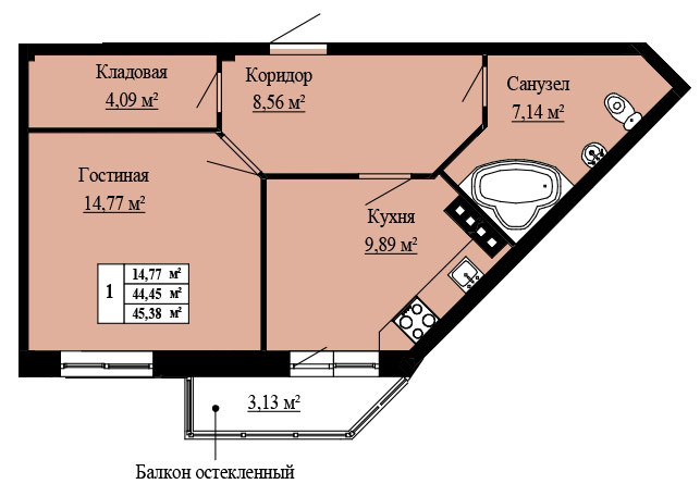Однокомнатная квартира 45.38 м²