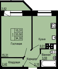 Однокомнатная квартира 34.35 м²