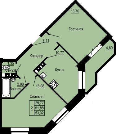 Двухкомнатная квартира 53.32 м²